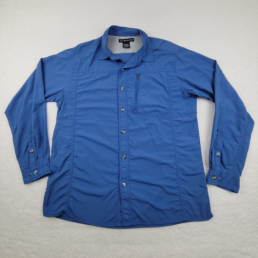 Exofficio‎ Button Up Shirt Mens XL Blue 100% Nylon Long Sleeve Vent Back Top